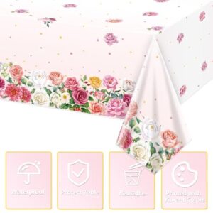 QUERICKY 4 Pack Floral Tablecloths for Birthday, Plastic Rectangle Pink Flower Tablecovers for Tea Party Supplies, Baby Showers, Wedding, Bridal Shower, Birthday, 51x87''