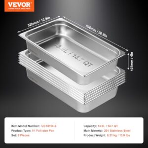 VEVOR 6 Pack Hotel Pans, Full Size Anti-Jam Steam Pan, 0.8mm Thick Stainless Steel Restaurant Steam Table Pan, 4-Inch Deep Commercial Table Pan, Catering Storage Food Pan, for Industrial & Scientific