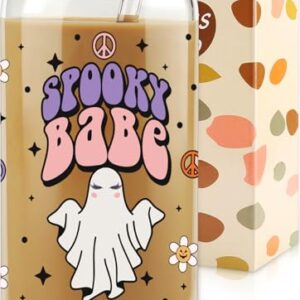 Gifts for Her, Halloween Sister Friend Gifts, Spooky Season Gift, Halloween Glass Can Cups, Stay Spooky GIced Coffee Cup, Fall Glass Cups, Halloween Gifts, Halloween Lover 16 OZ Cup with Lid and Straw