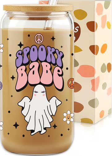 Gifts for Her, Halloween Sister Friend Gifts, Spooky Season Gift, Halloween Glass Can Cups, Stay Spooky GIced Coffee Cup, Fall Glass Cups, Halloween Gifts, Halloween Lover 16 OZ Cup with Lid and Straw