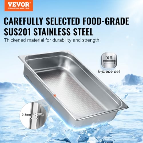 VEVOR 6 Pack Hotel Pans, Full Size Anti-Jam Steam Pan, 0.8mm Thick Stainless Steel Restaurant Steam Table Pan, 4-Inch Deep Commercial Table Pan, Catering Storage Food Pan, for Industrial & Scientific