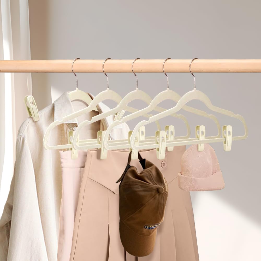 Stormix 40 Pack Velvet Clothes Hangers Clips, Clothes Hanger Clips, Storage Organizers Clips, Non-Slip Finger Clips for Bras Pants Suit Skirt Slip Dress (Cream)