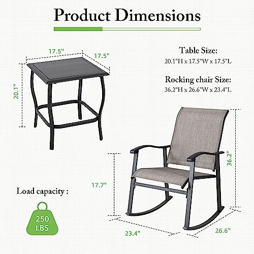 Shintenchi 3 Piece Rocking Bistro Set, Outdoor Furniture with Rocker Chairs and Glass Coffee Table Set of 3, Balcony, Porch Furniture for Small Space, Gray