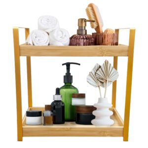 rych03 2-tier bamboo bathroom counter shelf - counter top wooden makeup organizer with metal standing rack - multi-purpose vanity storage stand for cosmetic, toiletries and kitchen, easy to assemble