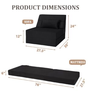 Youtanic 5 in 1 Folding Sofa Bed, Single Size Convertible Sleeper Chair with Pillow, Memory Foam Futon Couch, Velvet Fabric Washable Mattress for Living Room, Dorm, Guest, Office, Apartment, Black