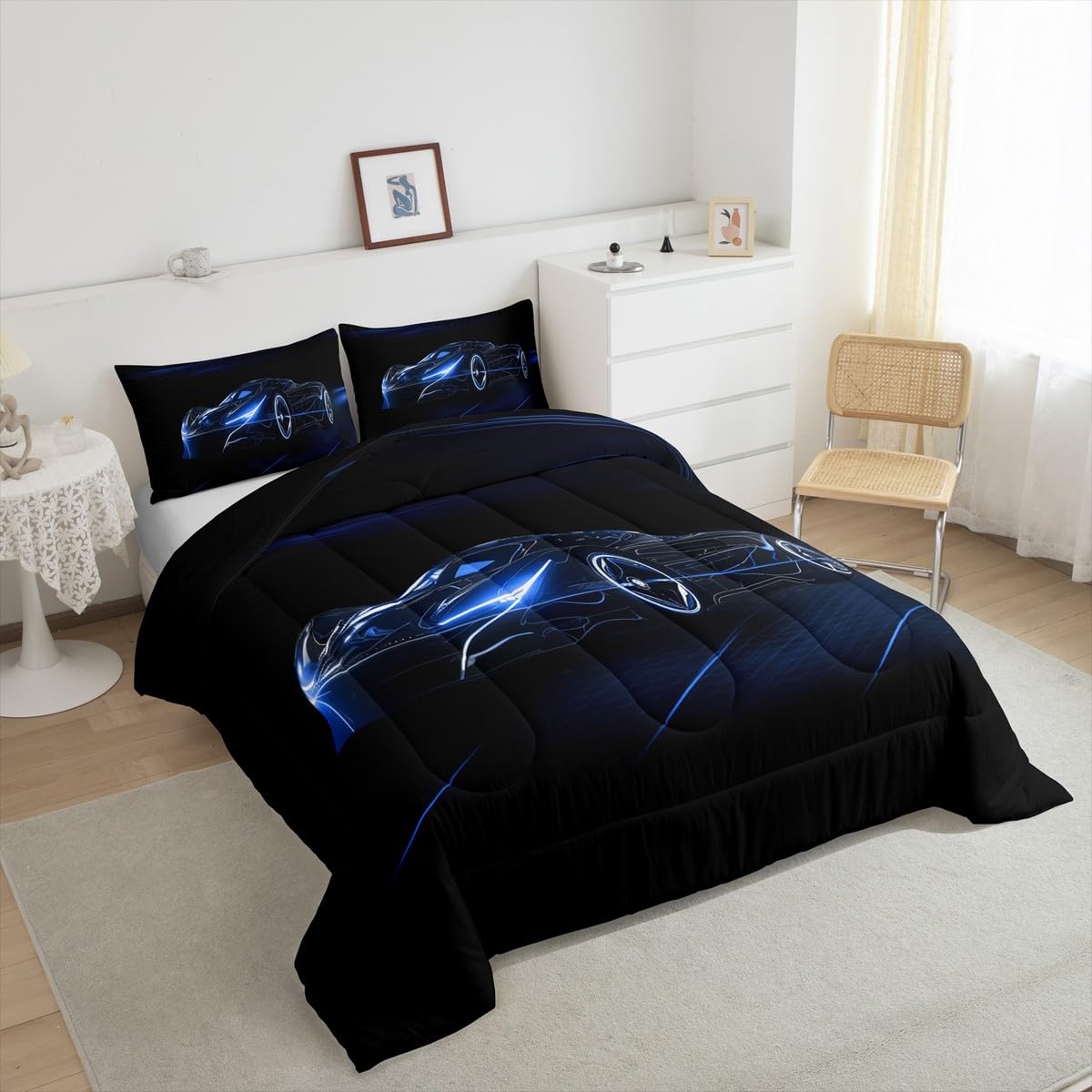 Feelyou Blue Race Car Bedding Set Full Size for Kids Boys Extreme Sport Games Comforter Set Teens Toddler Fast and Furious Duvet Set Cool Modern Quilt Set 3Pcs