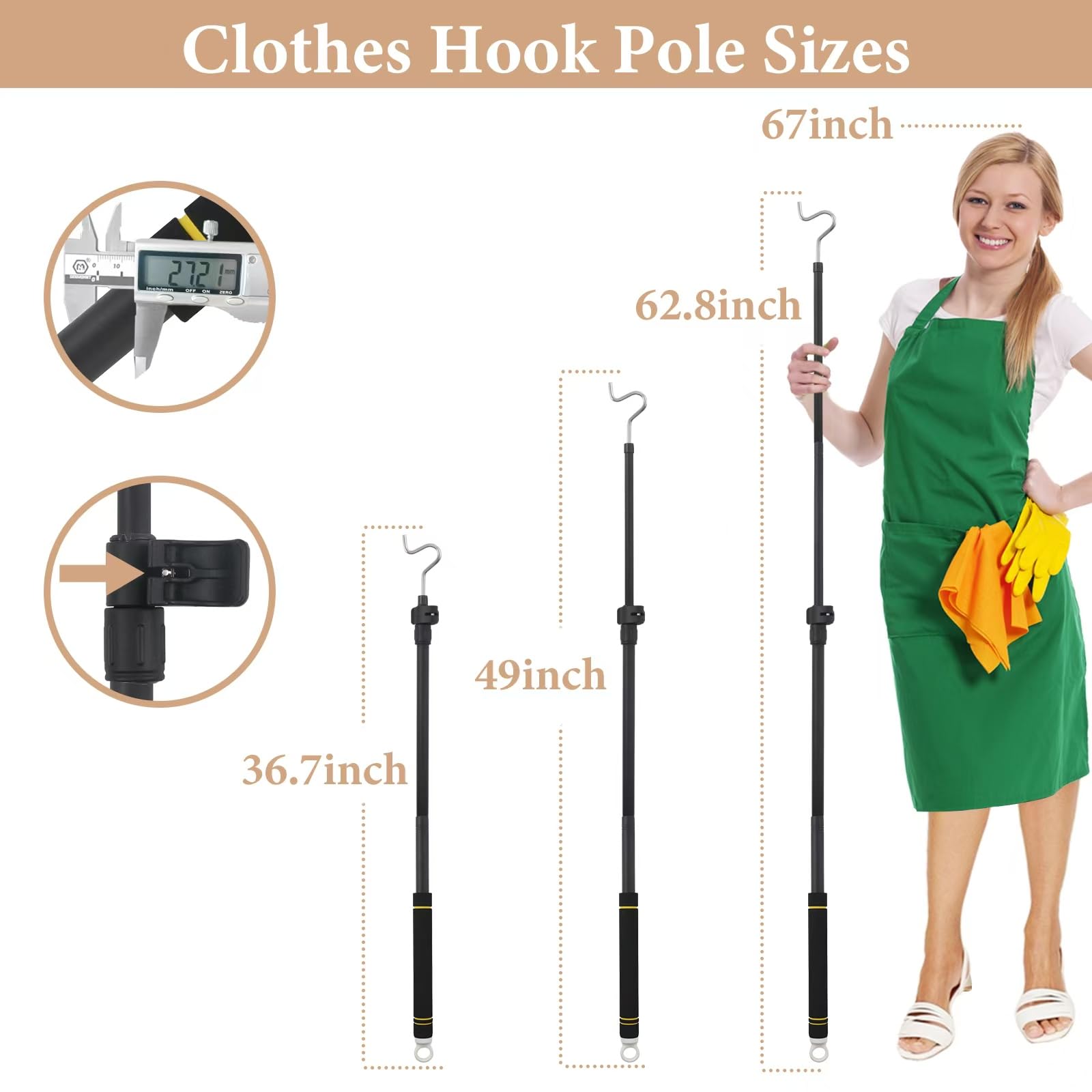 UEGHNS Clothes Hanger Reaching Hook, Clothing Pole Reach Hook Telescopic 36-62inch Easy Storage and Lightweight S-Hook Hang Christmas Lights Pole Heavy Duty Sturdy and Durable.