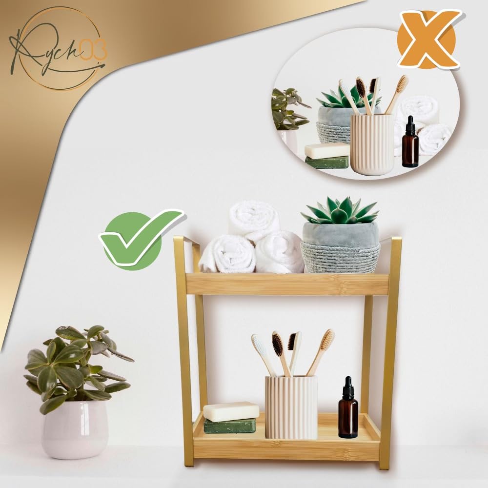 RYCH03 2-Tier Bamboo Bathroom Counter Shelf - Counter Top Wooden Makeup Organizer with Metal Standing Rack - Multi-Purpose Vanity Storage Stand for Cosmetic, Toiletries and Kitchen, Easy to Assemble