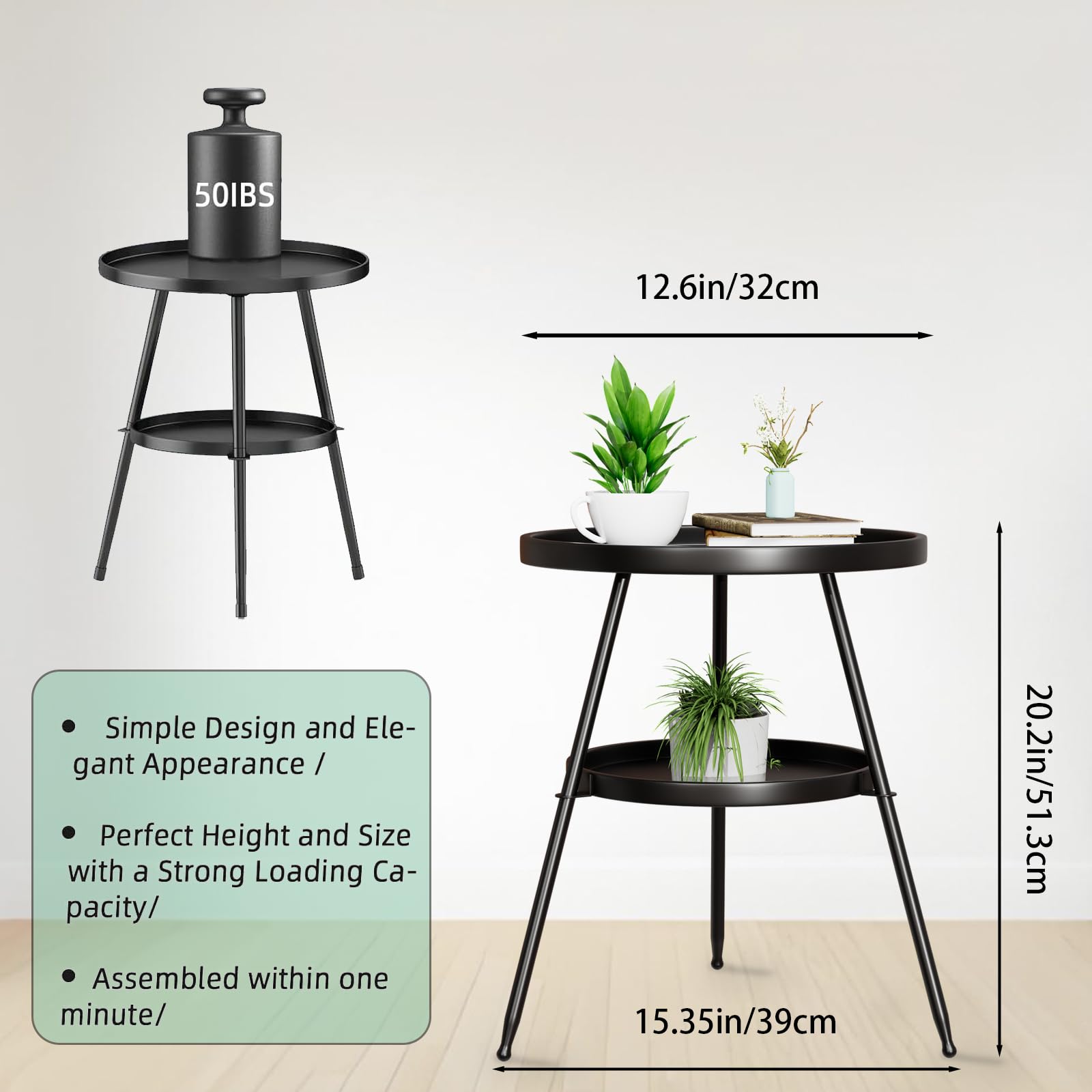 Accent Side/End Table,Small Side Table Round 2 Tier End Table Metal Round Coffee Tables Nightstand for Small Spaces Indoor Outdoor and Living Room Bedroom or Office(Modern)