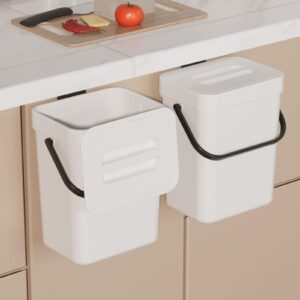 2 pack kitchen trash can with lid, double bathroom garbage can, small countertop compost bin, mounted office waste basket, under sink hanging trash bin, pet waste container outside, 5l/1.3gal, white