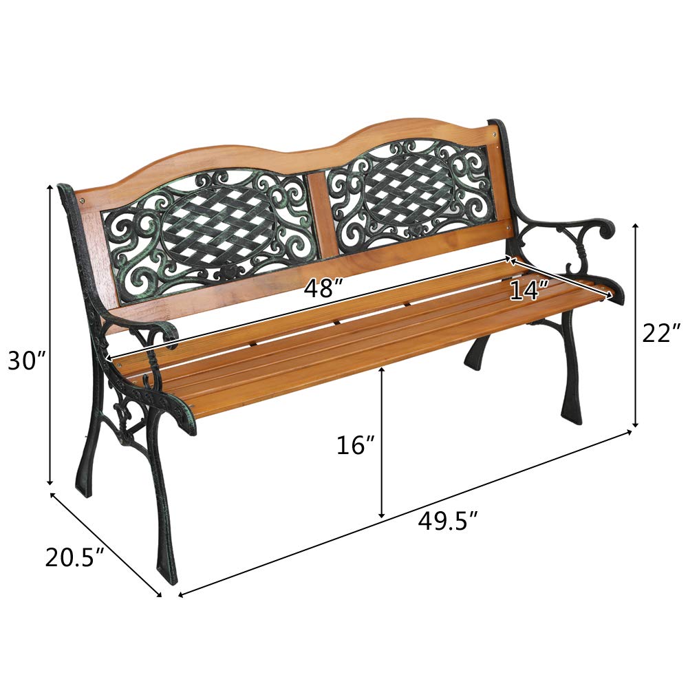 VINGLI Outdoor Bench Metal Garden Bench Front Porch Bench, Wood Patio Bench w/PVC Backrest Cast Iron Love Seat Park Bench (Arched Back)