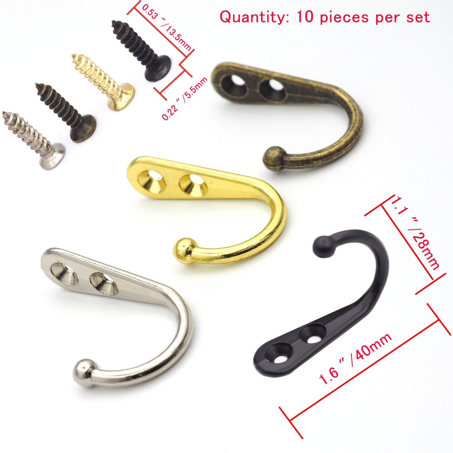 Xiufortion 20Pcs Zinc Alloy Wall Hooks Clothes hooks set with 40 Screws for Towel, Key, Robe, Scarf, Bag, Cap, Coffee Cup, Mugs (gold)