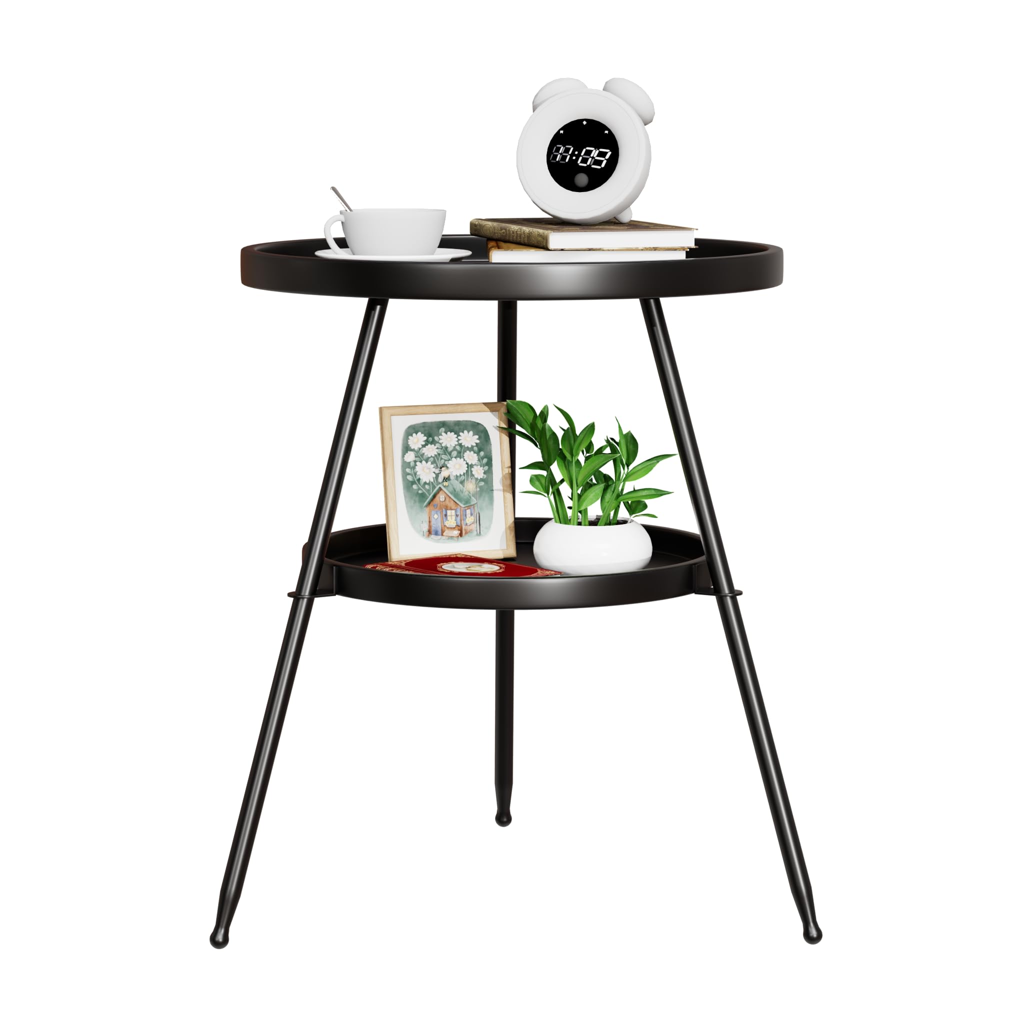 Accent Side/End Table,Small Side Table Round 2 Tier End Table Metal Round Coffee Tables Nightstand for Small Spaces Indoor Outdoor and Living Room Bedroom or Office(Modern)