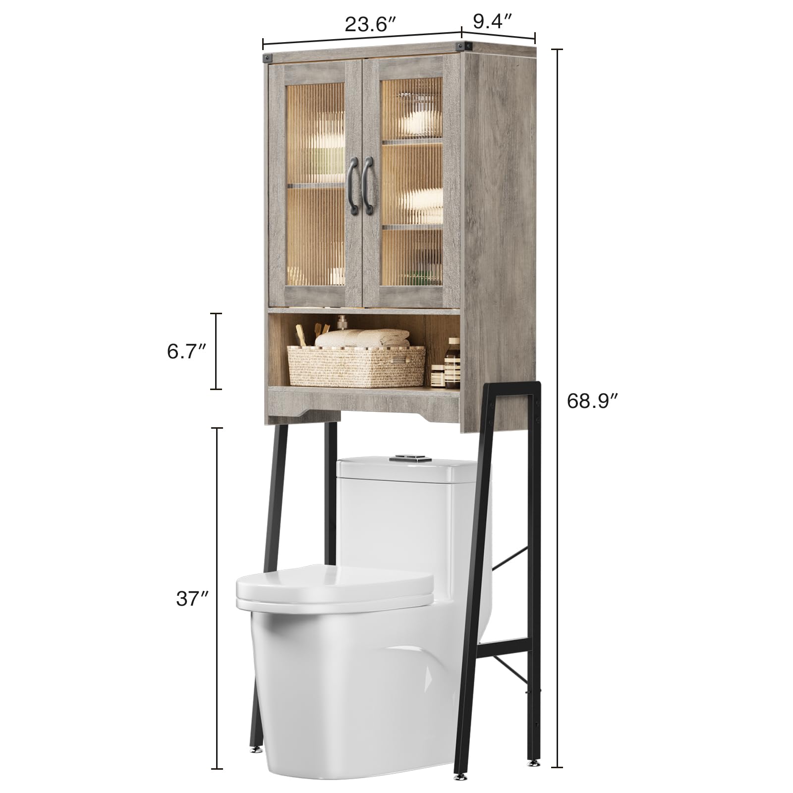 Over The Toilet Storage Cabinet with Tempered Glass Doors & Adjustable Shelf, Bathroom Organizer with Metal Stand Space Saver Over Toilet , Modern Toilet Rack for Bathroom, Restroom, Laundry, Grey