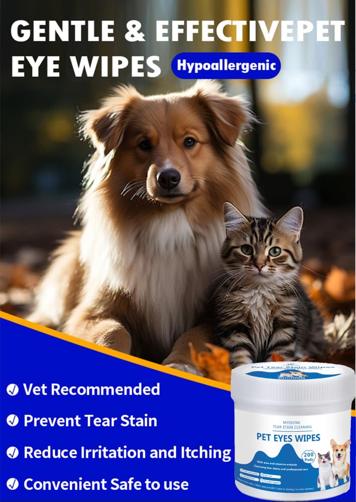 Eye Wipes for Dogs, 200 Pads Pet Tear Stain Cleaning Wipes for Eye Care of Dogs and Cats, Mild Ingredient, Gently Remove Pet Tear Stain, Eye Debris, Discharge, Mucus Secretions - Safe Ingredients