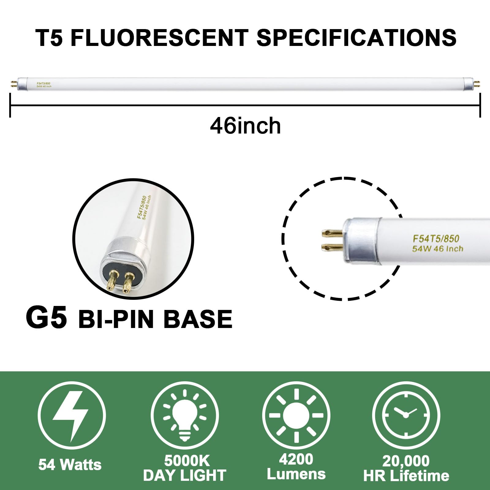 Celiwace F54T5/850/HO/ALTO 4 feet 54 Watt, T5 High Output 5000K Fluorescent Tube 46 Inches, 25 Pack G5 Cap 4200 Lumens