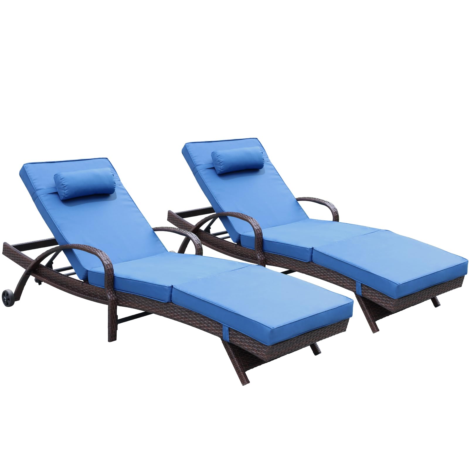 NOBLEMOOD Outdoor Lounge Chairs Set of 2 Beach Wikcer Chaise Lounge with Wheels, Cushion, Adjustable Backrest for Outside Pool Sun Shelf Tanning Bathing (Blue)