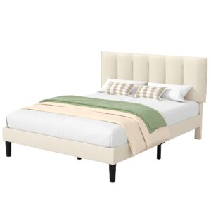 VECELO Full Bed Frame with Upholstered Headboard, Heavy-Duty Platform Bedframe with Strong Wooden Slats Support, No Boxing Spring Needed, Pale Beige