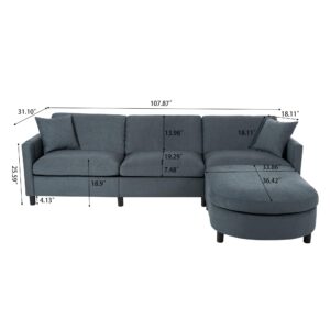 Hommoo L Shaped Sofa Sectional Couch for Home Living Room 3 Seat Couch with Removable Ottoman Comfy Linen Fabric Small Modern Couch for Apartment with Pillow 107” Grey