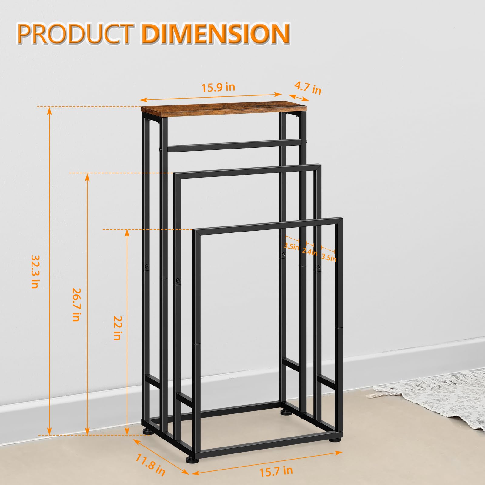 Bathroom Standing Towel Rack 3 Tier Metal Towel Holder Stand Farmhouse Blanket Ladder Holder with Storage Shelf for Bedroom Living Room, Black & Brown