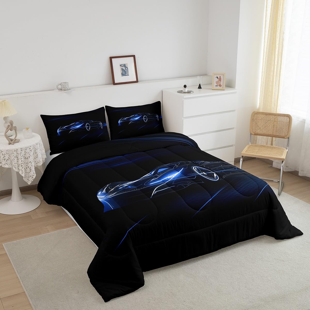 Feelyou Blue Race Car Bedding Set Full Size for Kids Boys Extreme Sport Games Comforter Set Teens Toddler Fast and Furious Duvet Set Cool Modern Quilt Set 3Pcs