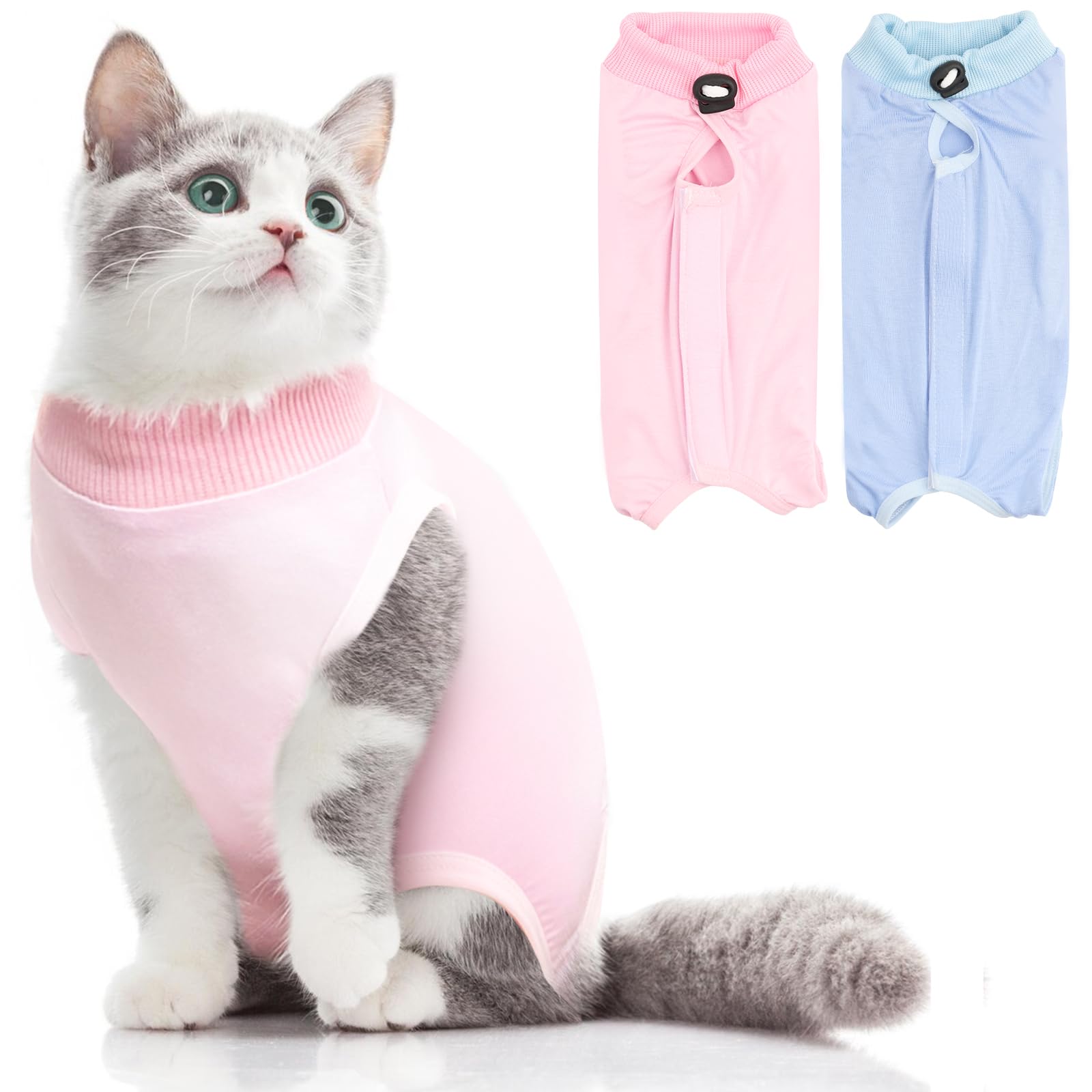 2Pack Cat Surgery Recovery Suit Clothes for Female and Male,Cat Onesie Shirts for Cat After Surgery,Cat Spay Surgical Recovery Suit Stop Licking Abdominal Wound,Cat Cone Collar Substitute-Pink&Blue,M