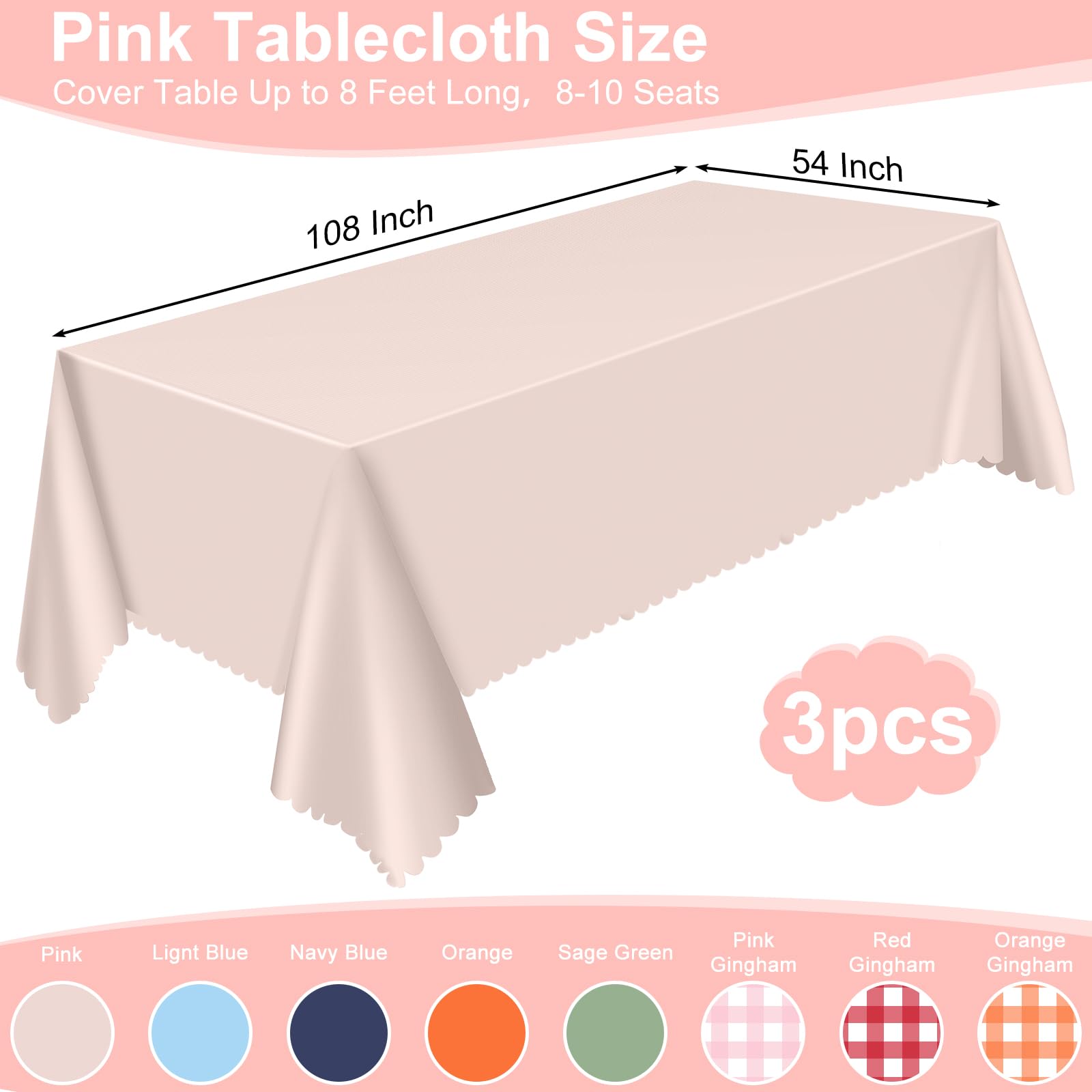 NatNarr 3 Pack Plastic Pink Tablecloth, 54 X 108Inch Disposable Pink Scalloped Edge Table Cloth for Rectangle Tables Waterproof Pink Table Cover for Baby Shower Birthdays Weddings Decor