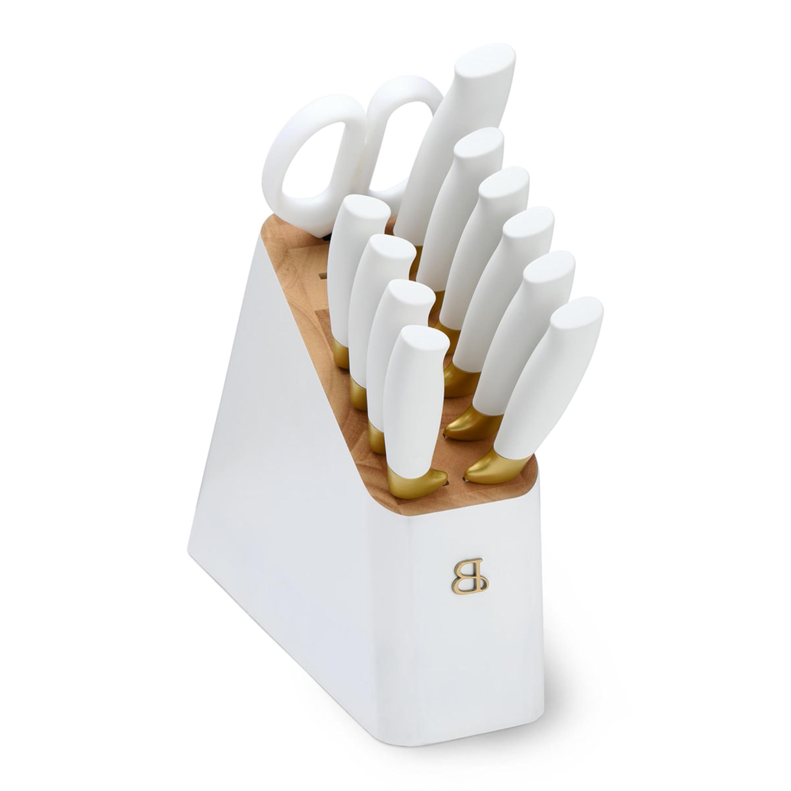 SeaMory 12 Piece Knife Block Set, Soft-Grip Ergonomic Handles, Stick Resistant, Razor Sharp, Comfortable, Easy Care, BPA-Free, White & Gold