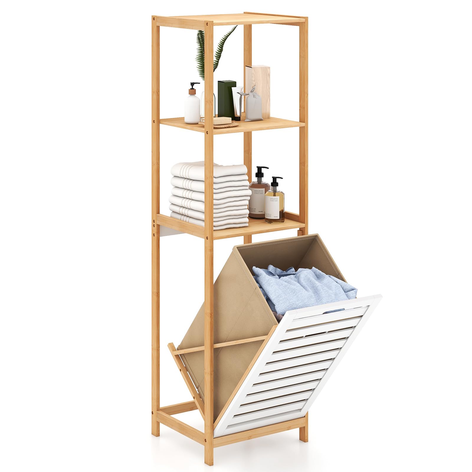 GOFLAME Tilt Out Laundry Hamper with 3-Tier Storage Shelves, 51” Tall Bathroom Storage Shelf with Removable Basket, Bamboo Laundry Basket Organizer for Bathroom, Laundry Room, Bedroom, Natural