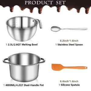 Artcome 304 Stainless Steel Double Boiler Set - 2.6QT Melting Bowl with Scale and Handle - 4.2QT Dual-Handle Pot - Stackable Water Bath Melting Pot Set for Butter, Chocolate, Wax, Sugar, Candle