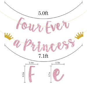 Talorine Four Ever A Princess Banner, Princess 4th Birthday Party Decorations, Princess Themed 4 Years Old Birthday Party Supplies,Pink Glitter