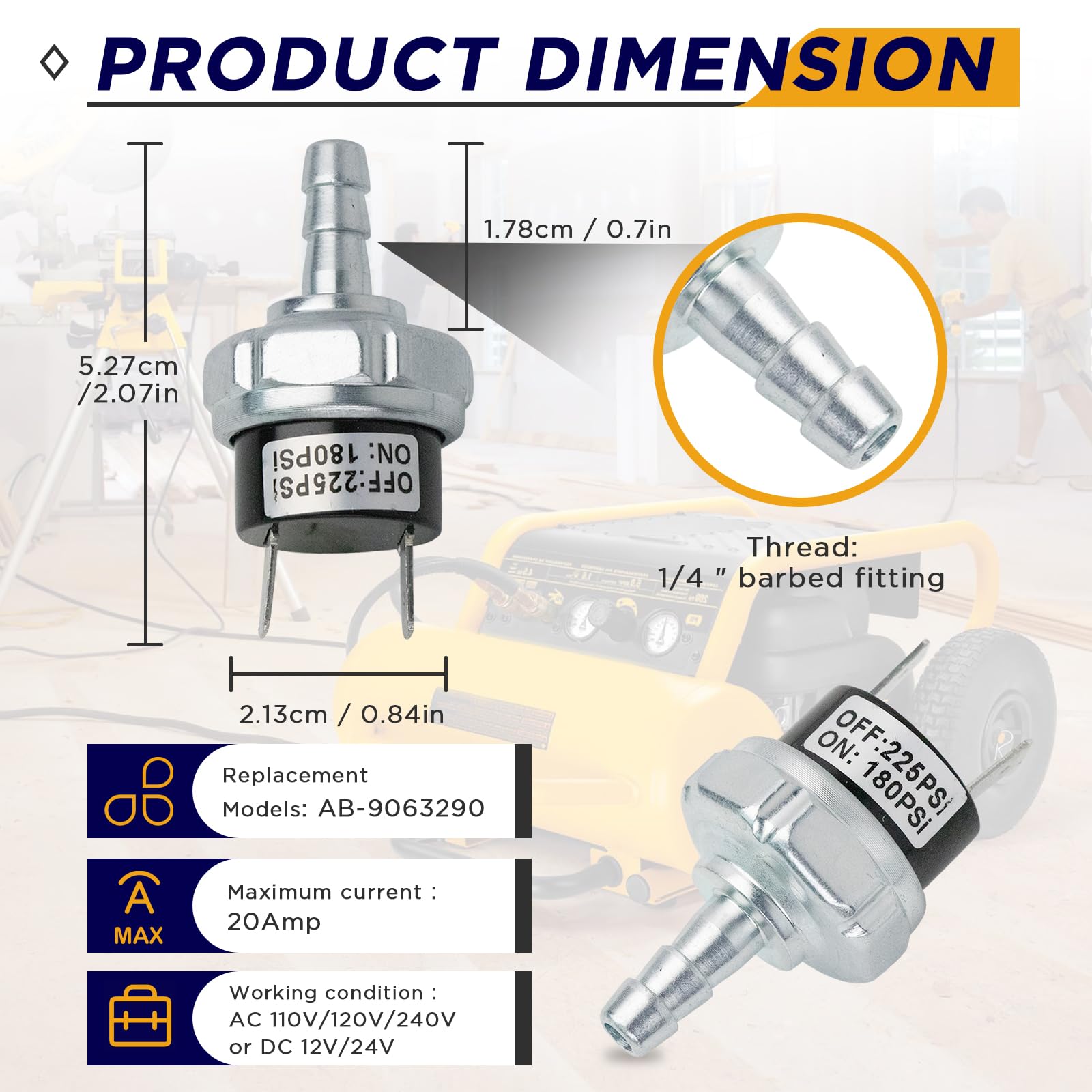 180-225 PSI Air Compressor Pressure Switch for Dewalt D55146 - Micro Pressure Power Switch Compatible with D55146 Type 8 4.5 Gallon D55168 D55167 - AB-9063290