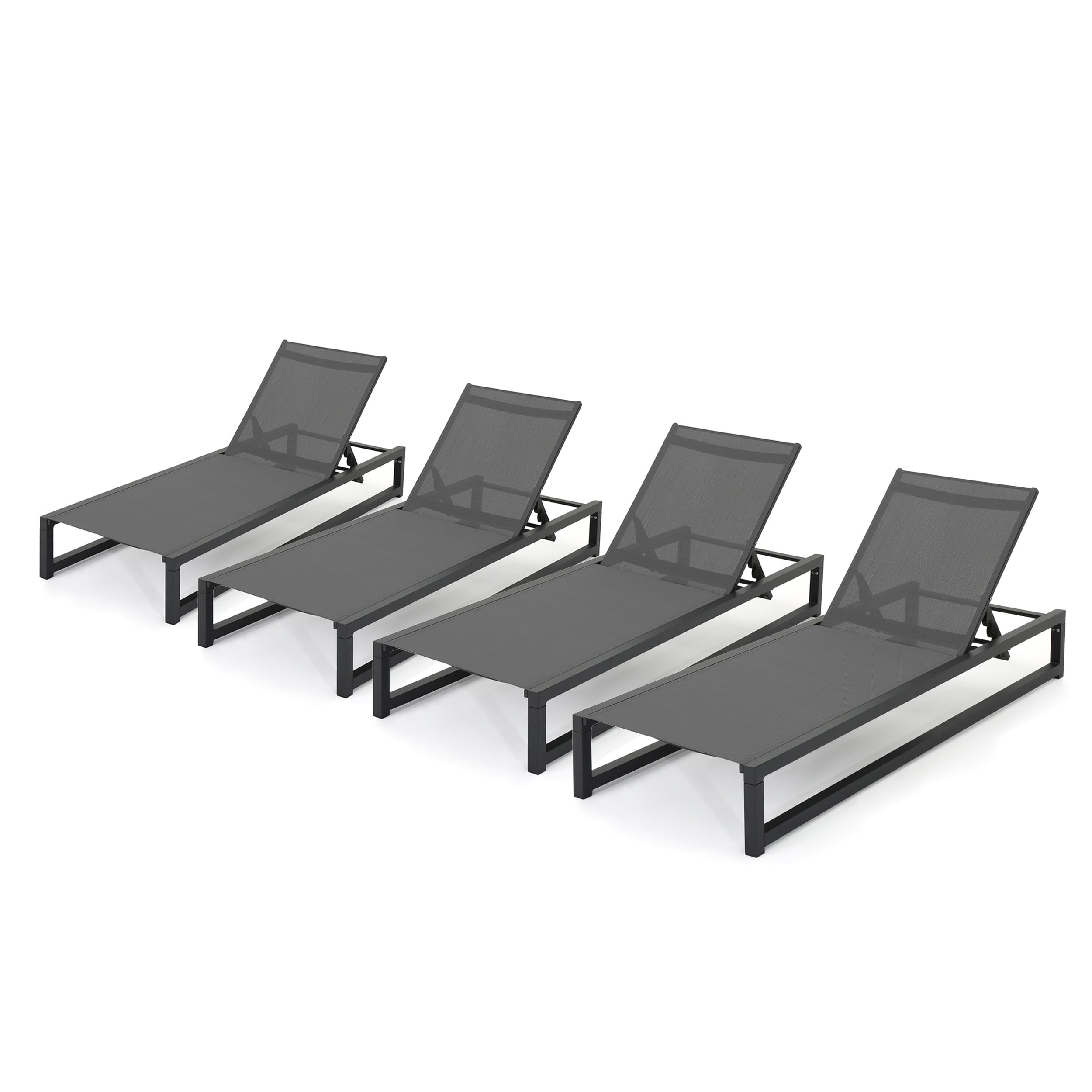 Christopher Knight Home Modesta Outdoor Finished Aluminum Framed Chaise Lounge with Grey Mesh Body (Set of 4), 77 "W x 26.5 "D x 10.5 "H, Black + Gray