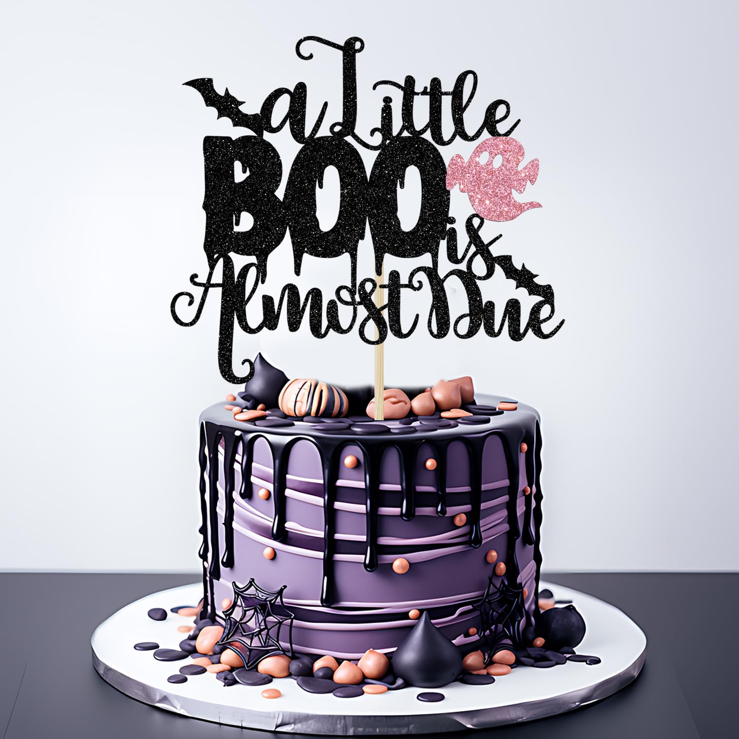 A Little Boo is Almost Due Cake Topper, Halloween Baby Shower Decorations for Girl, Girls Halloween Theme Baby Shower Birthday Party Decorations(Pink)