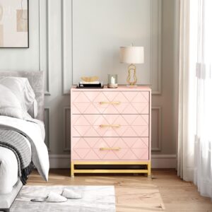 GarveeHome 3 Drawer Dresser, Wood Chest Drawers with Storage for Closet, Bedroom, Drawers Dresser Modern Bedside Nightstand with Gold Handles, Pink