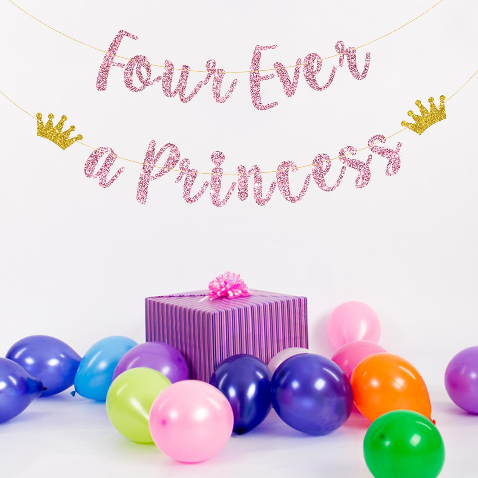 Talorine Four Ever A Princess Banner, Princess 4th Birthday Party Decorations, Princess Themed 4 Years Old Birthday Party Supplies,Pink Glitter