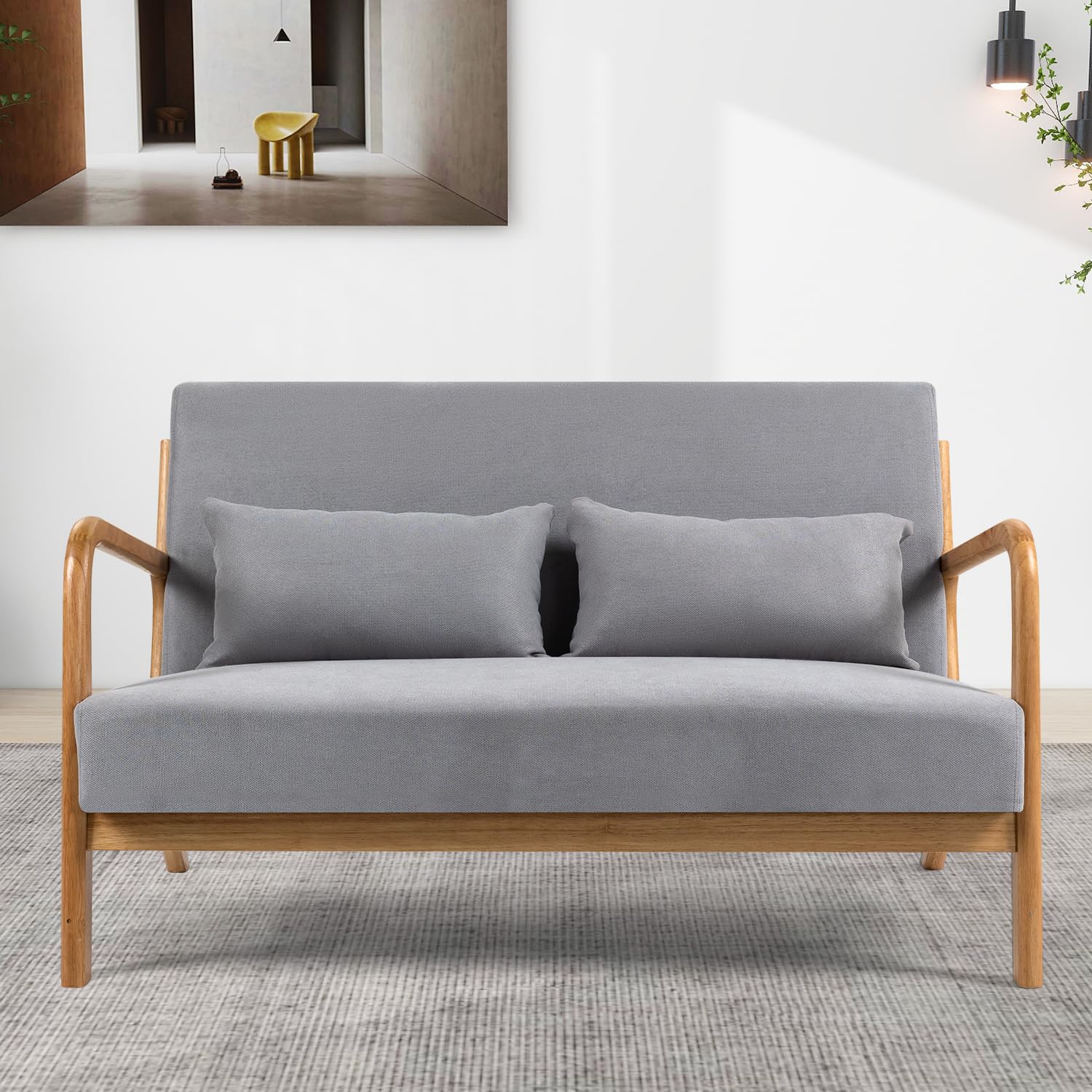 50" Loveseat Sofa Mid-Century Modern with Solid Wood Accent Chair with 2 Waist Pillows, Leisure 2 Person Couch Love seat for Living Room Office Bedroom Apartment Small Spaces, Light Gray