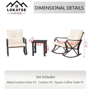 LOKATSE HOME 3 PCS Patio Bistro Furniture Outdoor Conversation Sets with Metal Cushions Rocking Chairs and Coffee Table for Backyard Deck Lawn Garden, Beige