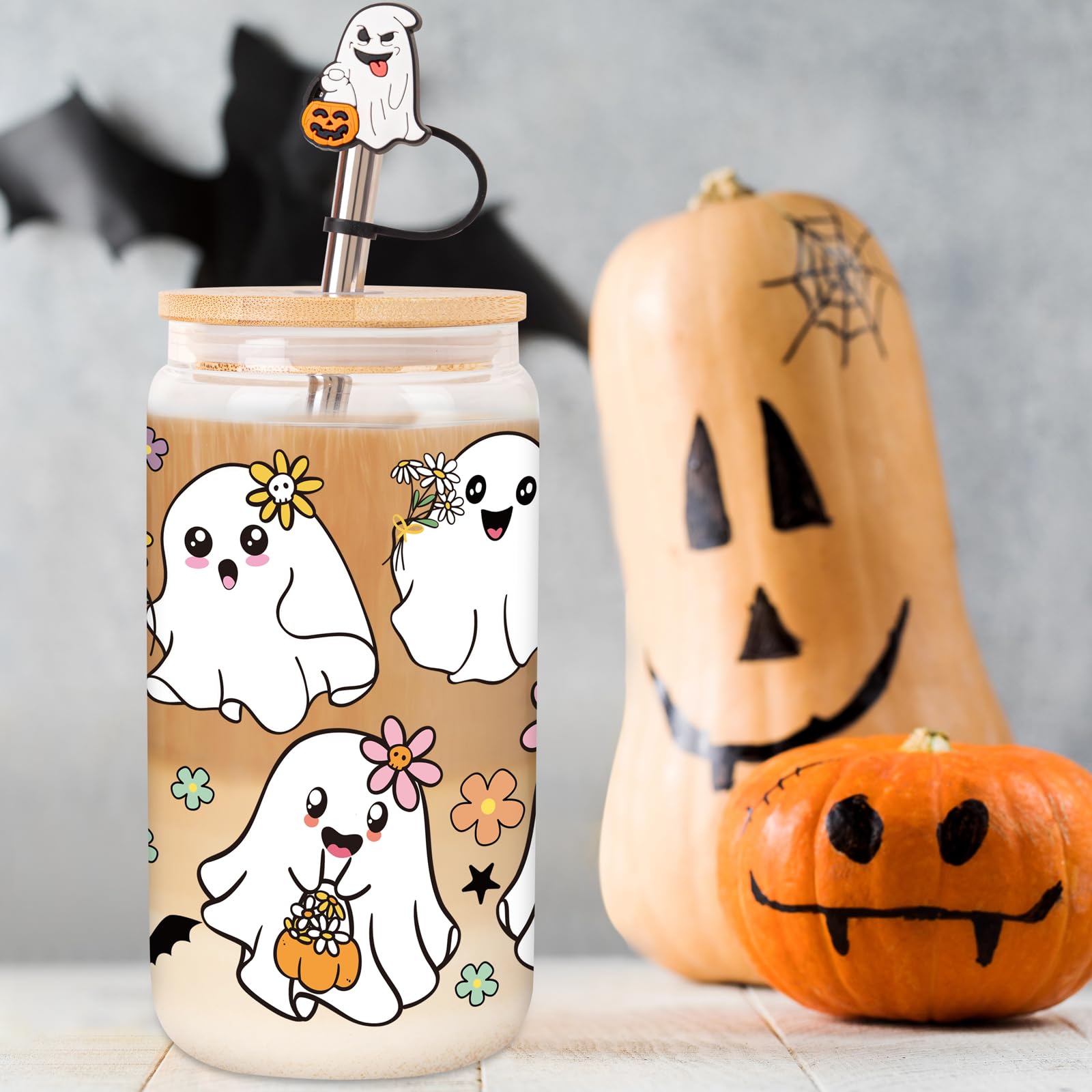 80UncleKimby Halloween Cups Gifts 18oz Glass Cup with Lid Straw and Caps Spooky Ghost Iced Coffee Mug for Women Teen(Colored)