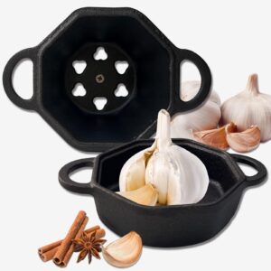 BOLVOUD Mini Dutch Oven Pot & Cast Iron Smoker Garlic Roaster, Pre-Seasoned Cast-Iron Garlic Roaster with Lid, Garlic Confit Pot, Garlic Baker Garlic Cooker for Oven Grill Stove, Small Smoker Box