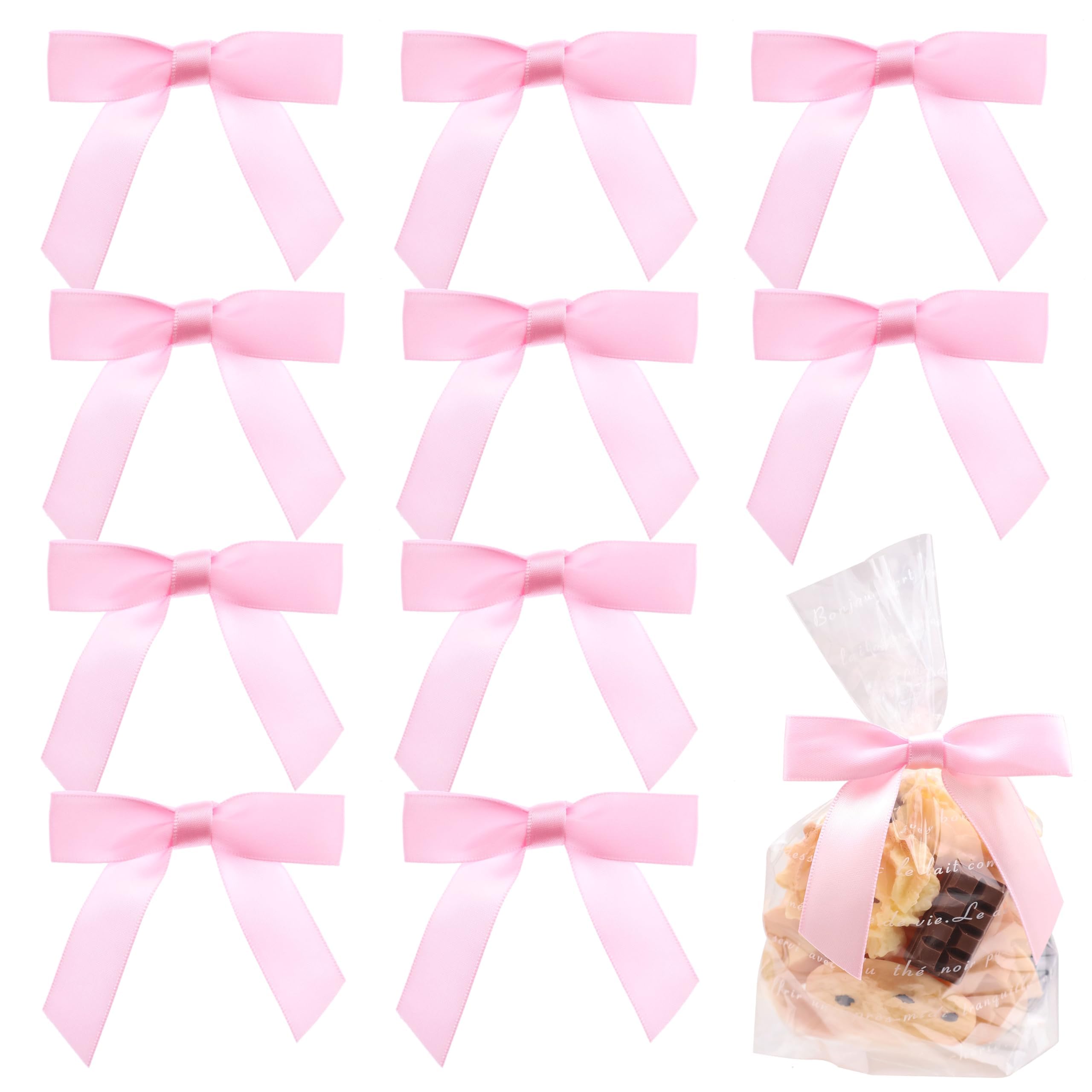 Satin Ribbon Bows 50 Pcs Twist Tie Bows for Gift Wrapping Cake Treat Bags Craft DIY Gift Wedding Baby Shower Birthday Party (Baby Pink)