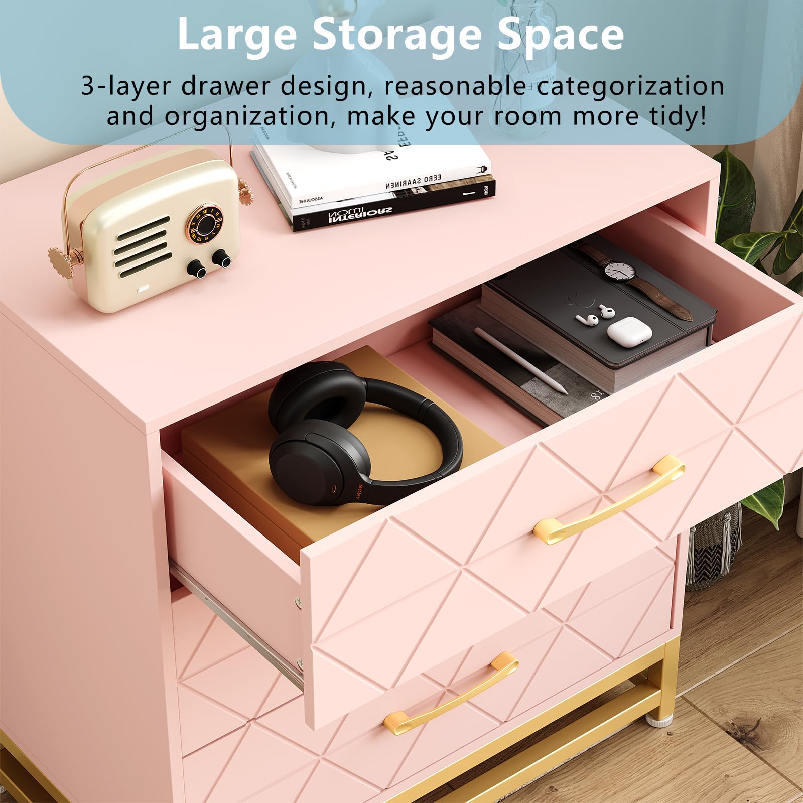 GarveeHome 3 Drawer Dresser, Wood Chest Drawers with Storage for Closet, Bedroom, Drawers Dresser Modern Bedside Nightstand with Gold Handles, Pink