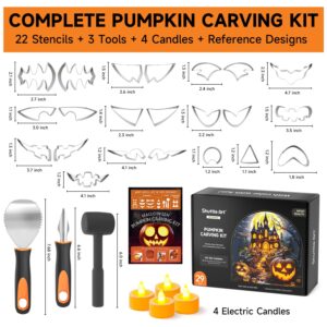 Shuttle Art 29PCS Halloween Pumpkin Carving Kit, 22 PCS Stainless Steel Pumpkin Carving Stencils with 4 Electronic Candles & 3 Carving Tools, Easy Safe Fun and Durable for Kids Adults Pumpkin Carving