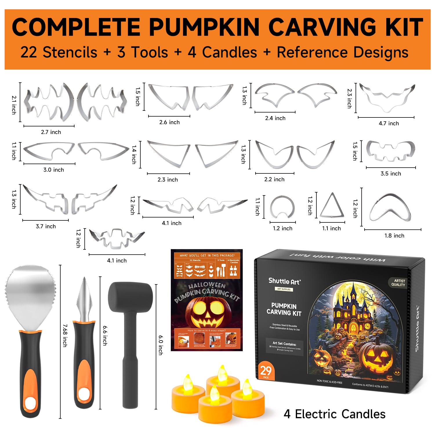 Shuttle Art 29PCS Halloween Pumpkin Carving Kit, 22 PCS Stainless Steel Pumpkin Carving Stencils with 4 Electronic Candles & 3 Carving Tools, Easy Safe Fun and Durable for Kids Adults Pumpkin Carving