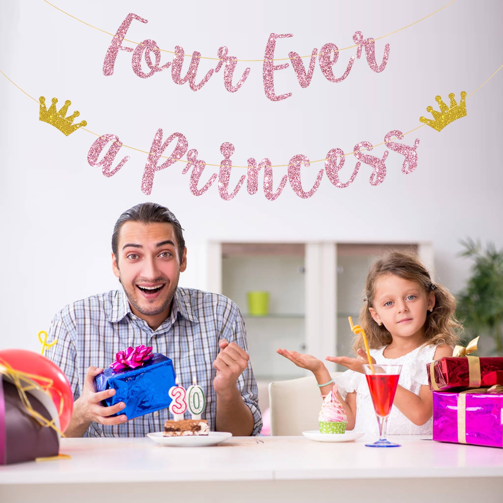 Talorine Four Ever A Princess Banner, Princess 4th Birthday Party Decorations, Princess Themed 4 Years Old Birthday Party Supplies,Pink Glitter