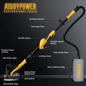 ALLOYPOWER Drywall Sander, 1050W Electric Drywall Sander with Vacuum Dust Collection, 6 Variable Speed 2100RPM,Double-Deck LED Light, Foldable & Extendable Handle, Dust Bag and Hose