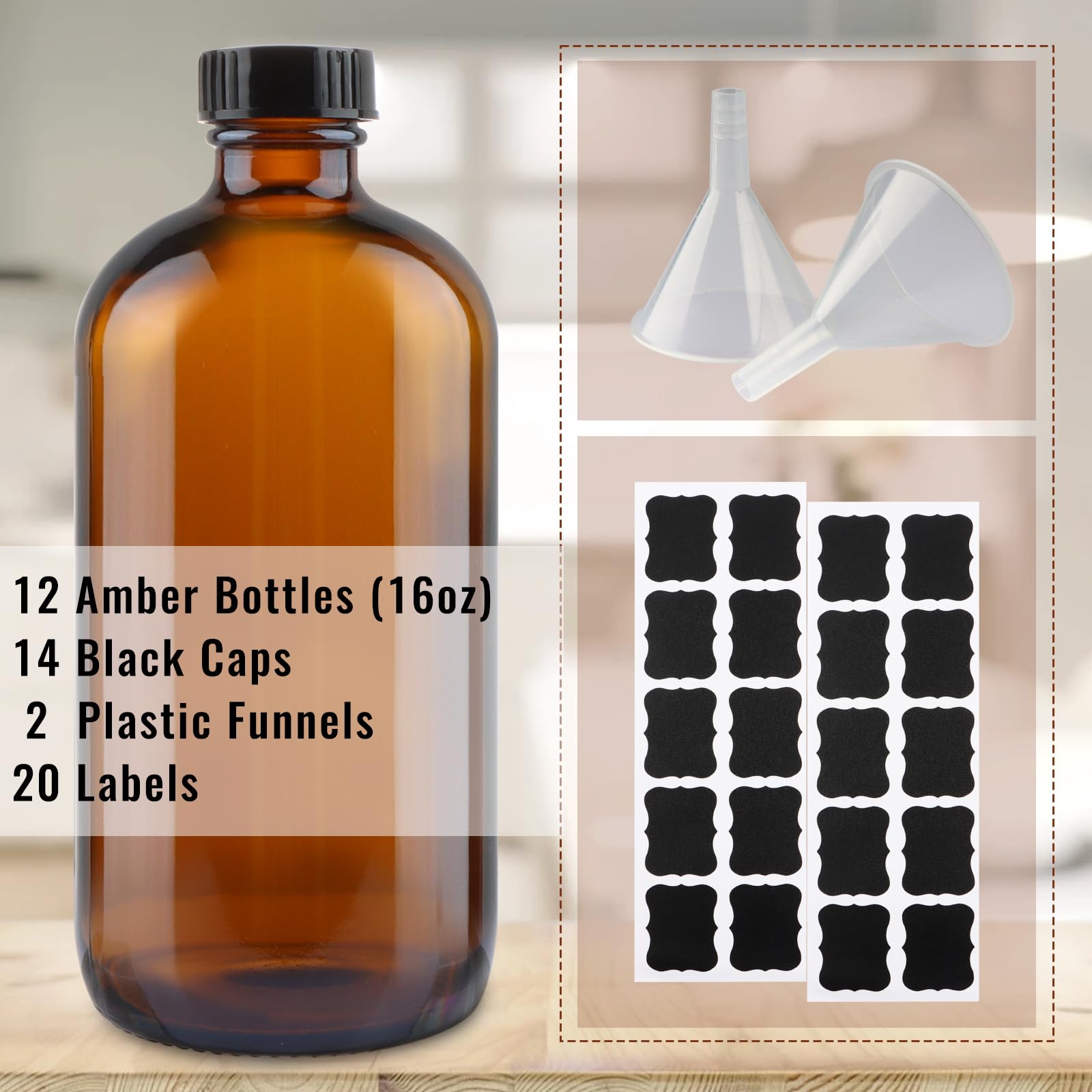 PINIWON 12 Pack 16 oz Amber Glass Bottles, Boston Round Sample Bottles with Black Poly Cone Caps, Labels and Funnels