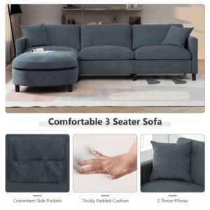 Hommoo L Shaped Sofa Sectional Couch for Home Living Room 3 Seat Couch with Removable Ottoman Comfy Linen Fabric Small Modern Couch for Apartment with Pillow 107” Grey