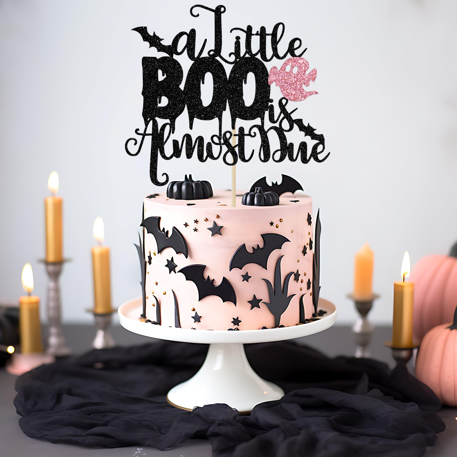 A Little Boo is Almost Due Cake Topper, Halloween Baby Shower Decorations for Girl, Girls Halloween Theme Baby Shower Birthday Party Decorations(Pink)