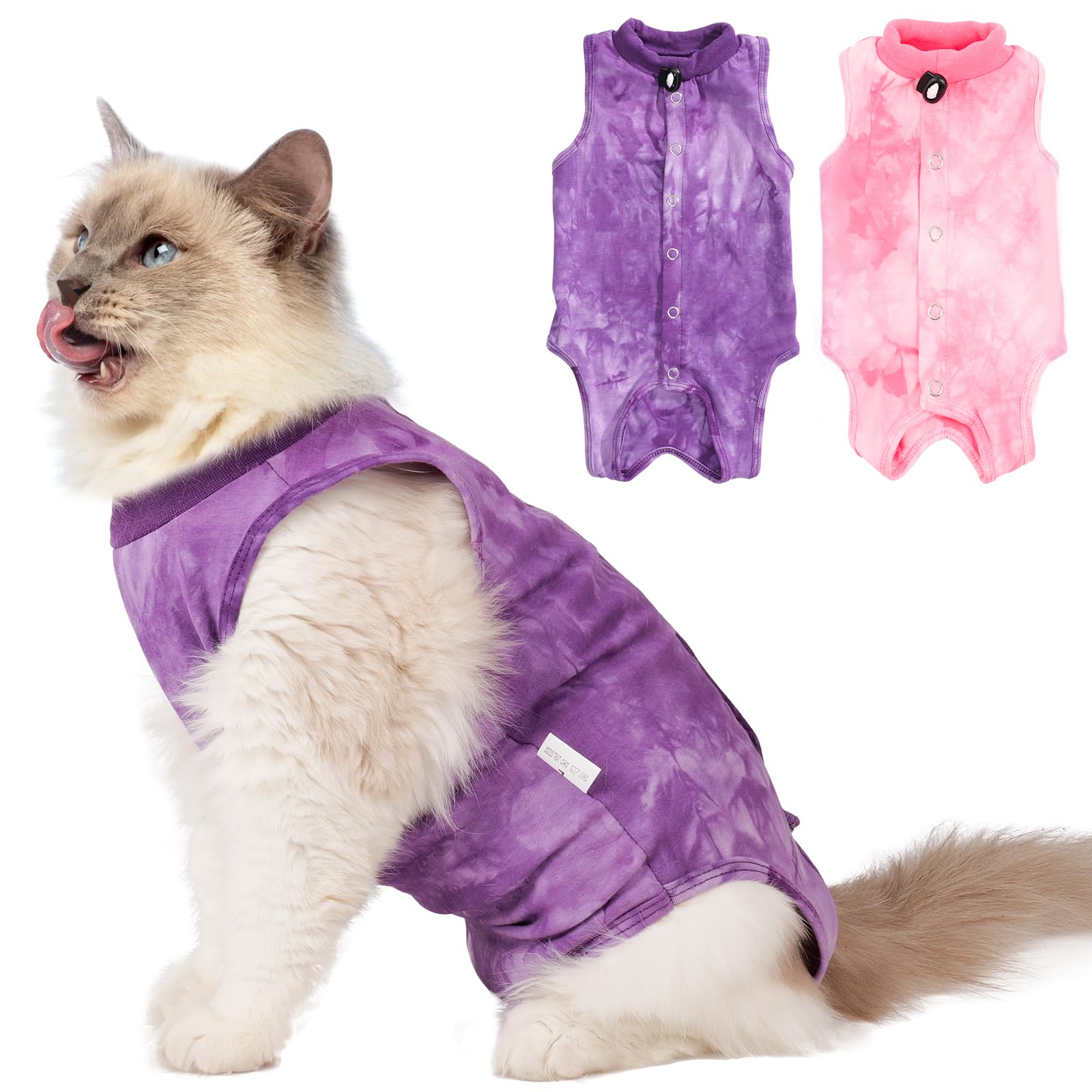 2 Pack Cat Surgery Recovery Suit Clothes for Female and Male,Cat Onesie Shirts for Cats After Surgery,Cat Spay Surgical Recovery Suit,Cat Cone to Stop Licking Abdominal Wound Alternative-Pink&Purple,M